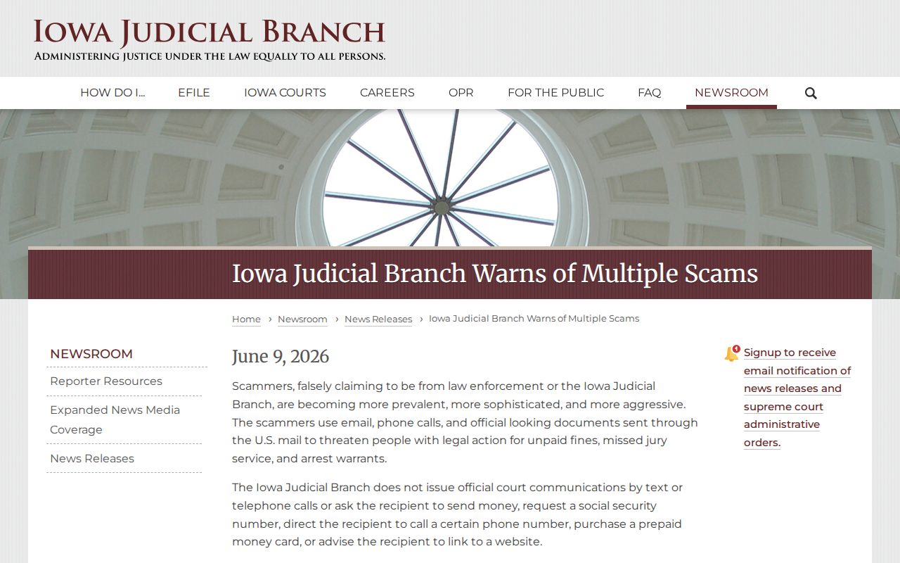 Iowa Judicial Branch warning about fake warrant and fine payment demands