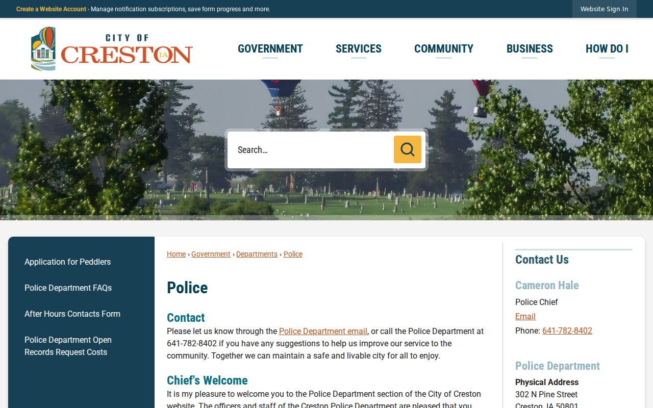Creston warrant police contact page