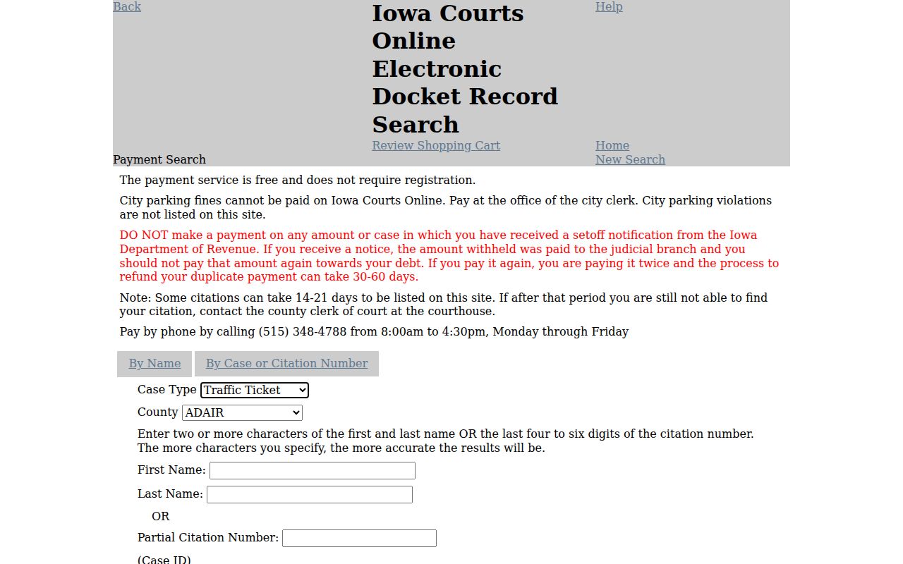 Union County traffic warrant citation payment search fields